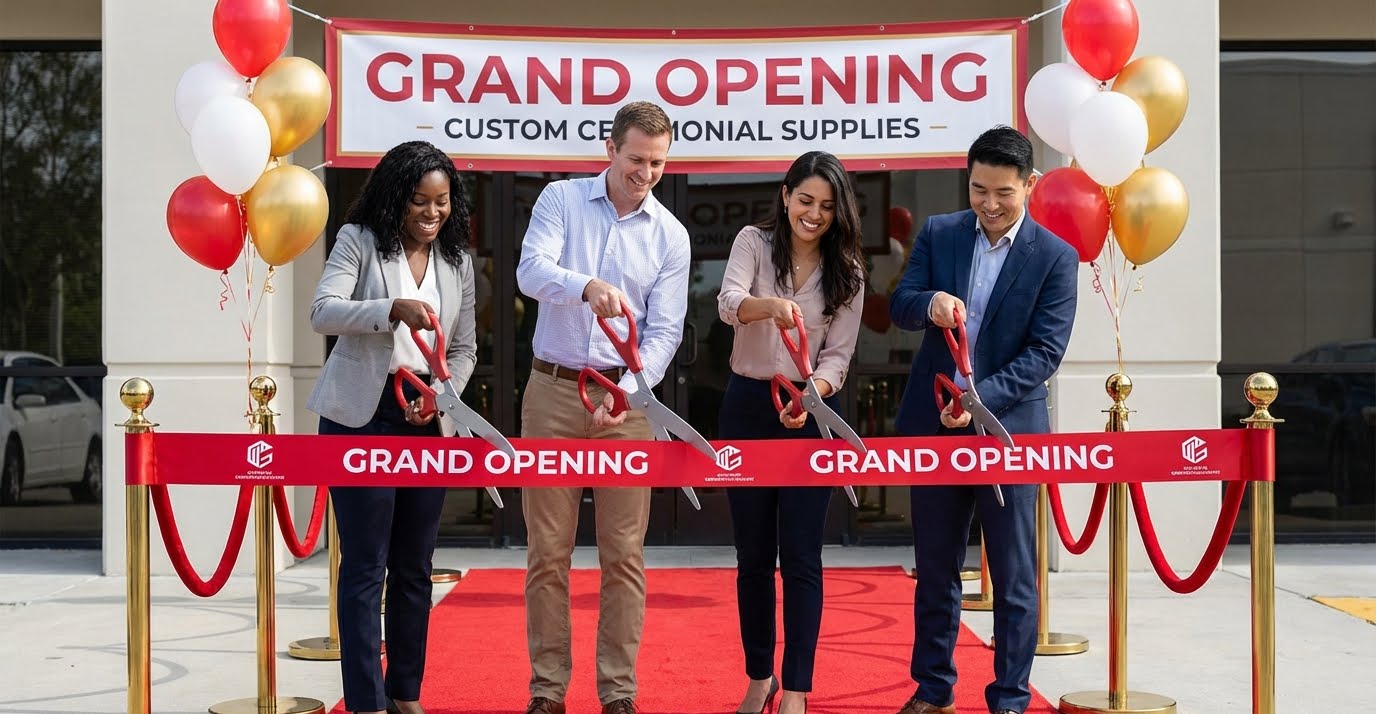 Grand opening ceremony with a ribbon cutting