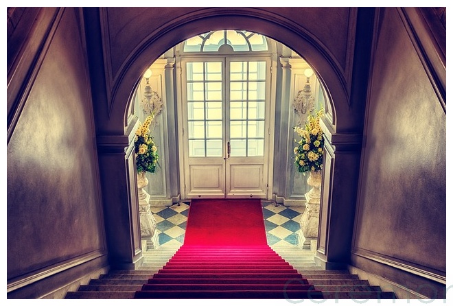 view of red carpet down stairs