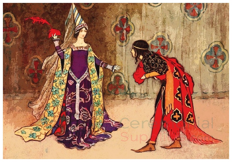 medieval queen in purple robe and peasant