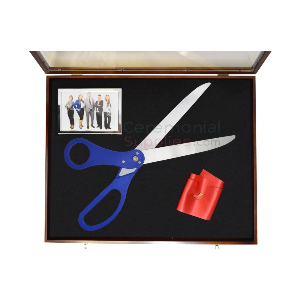 display case with ribbon and scissors