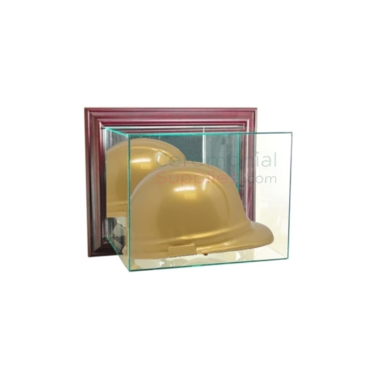 hard hat in glass display case