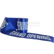 Royal blue printed ribbon displaying text.