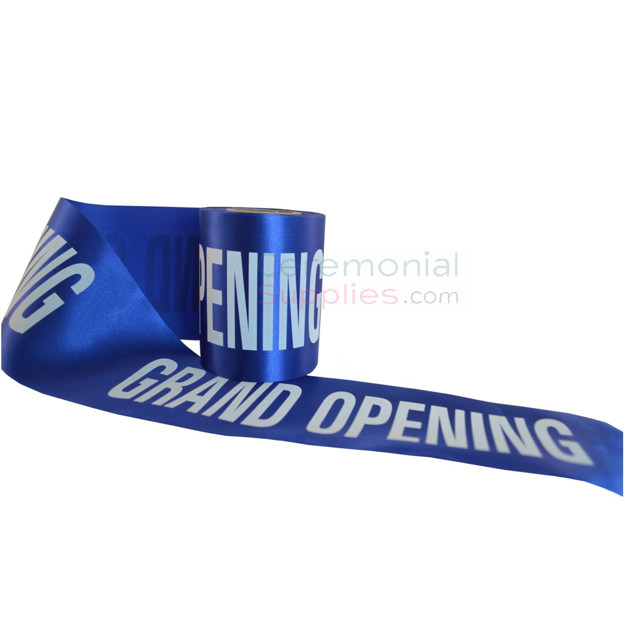 Royal blue printed ribbon displaying text.