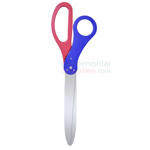 Giant scissors with combined blue and red handles.