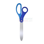 Two-tone ribbon cutting scissors with light blue and royal blue handle combination.