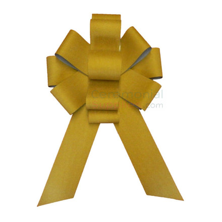 Full view of assembled golden sparkling 25 inch giant ceremonial event bow.