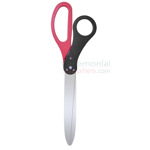 Two-tone ribbon cutting scissors in closed pose; red and black handles.