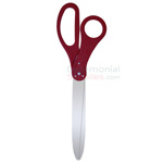 Closed pose of maroon ribbon cutting scissors.