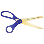 Pre-printed ribbon cutting ceremony scissors in blue with golden blades.