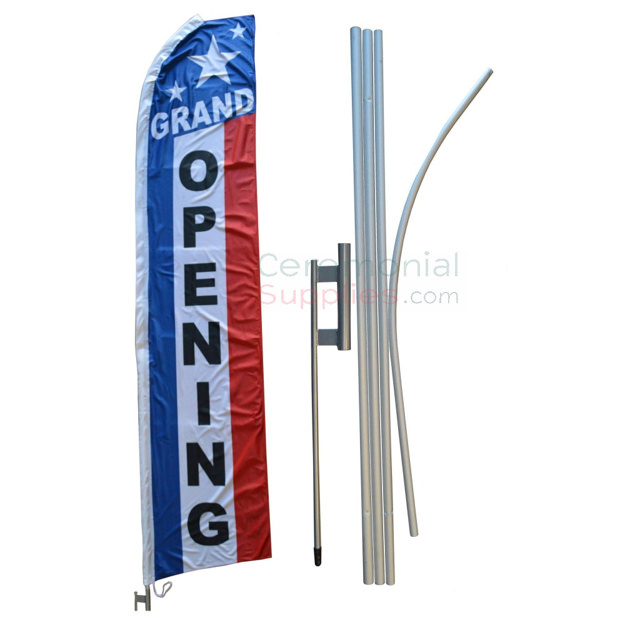 Full view of assembled Feather Style Grand Opening Flag And Pole Kit.