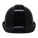 View of black groundbreaking ceremonial hard hat from the front.