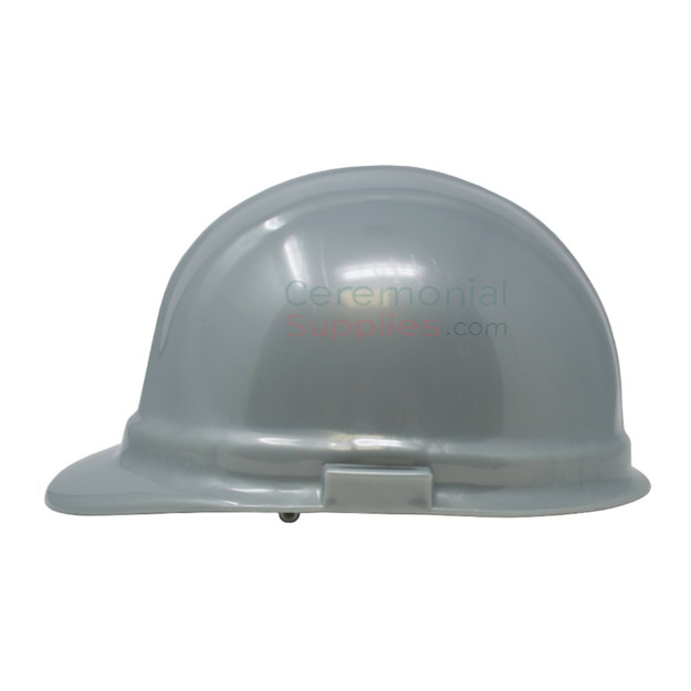 Side look picture of a Silver Ceremonial Groundbreaking Hard Hat.