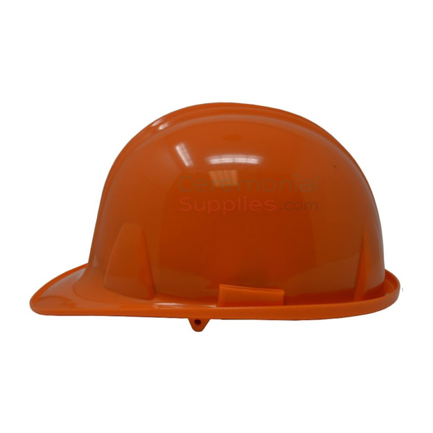 Picture of a Orange Ceremonial Groundbreaking Hard Hat from the side profile.