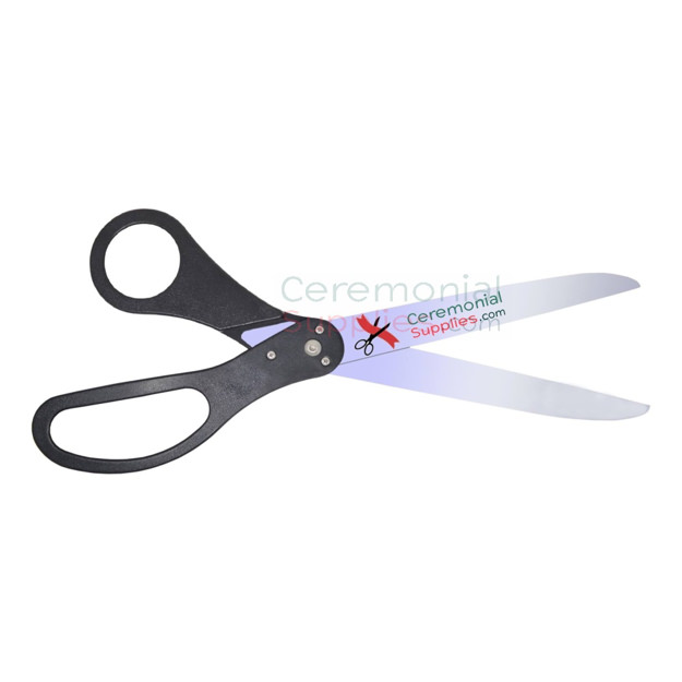 Metallic ceremonial scissors with custom logo sample and black handles.