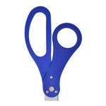 Up close shot of royal blue handles for custom metal scissors.