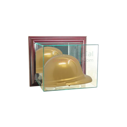 Front view of wall mounted hard hat display with hard hat in it.