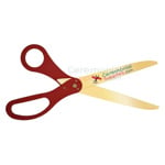 Picture of red customizable giant scissors with golden blades.