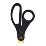 Close-up of black handles on custom golden blade scissors.