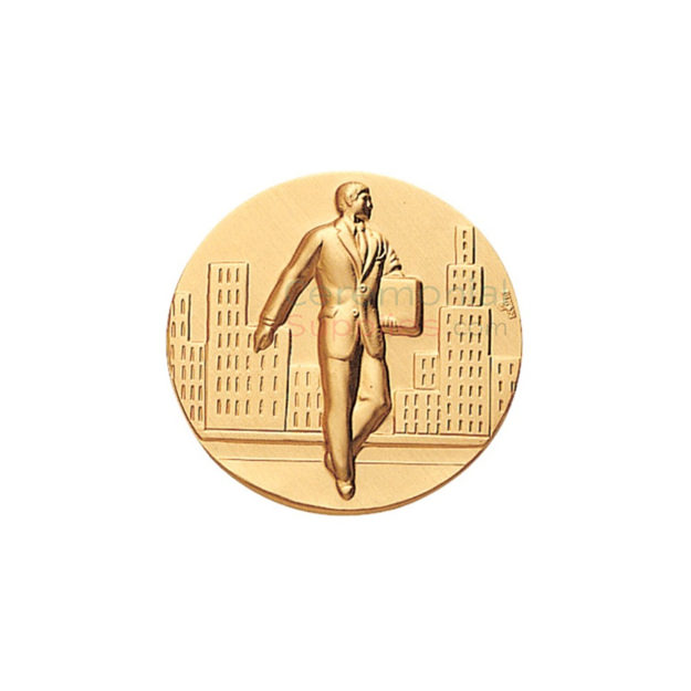 Salesman Achivement medal with a salesman walking on the street while holding a briefcase.