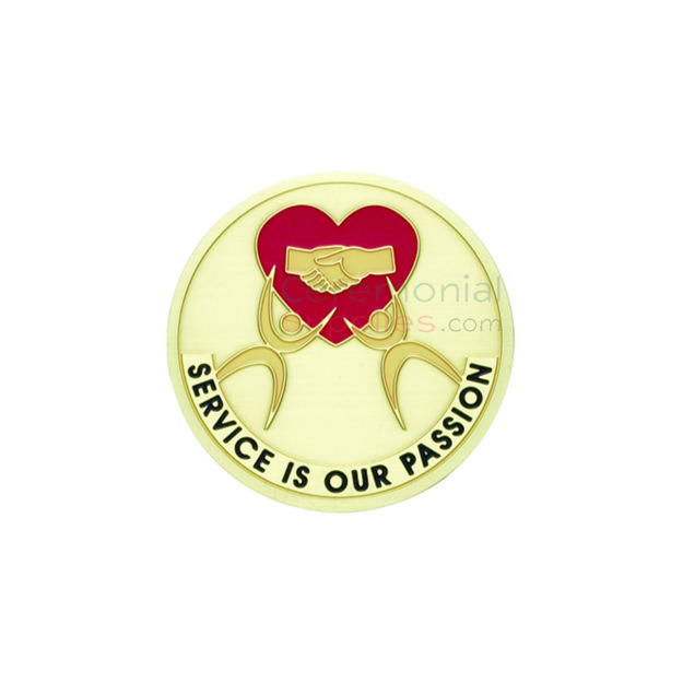 Image of the Service is our Passion medal featuring a red heart with two hands shaking each other in agreement.
