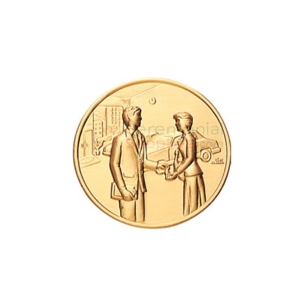 Top Auto Sales Producer Medal Image of a Top Auto Sales Producer Medal featuring a salesman sealing a deal with a customer.