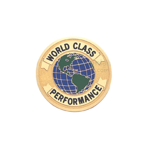 Image of a World Class Performance Medal that has a picture of the globe in the center.