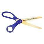 Picture of royal blue grand opening scissors with custom logo.