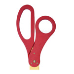Close-up of red handles on printed grand opening scissors.