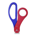 Close shot customizable ceremonial scissors in red and blue.