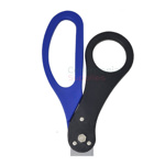 Picture of ribbon cutting scissors with black and blue handles.