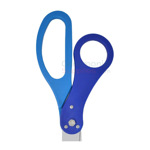 Cropped view of full custom scissors in royal blue and light blue.