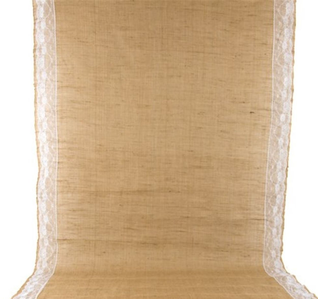 View of a Burlap Wedding Aisle Runner with Lace on white background.