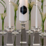 View of a Elegant Crystal Candle Holder with a candle.