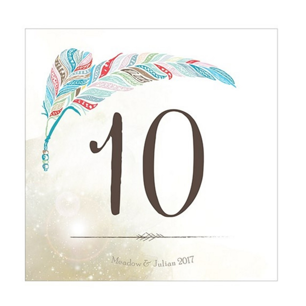 Picture of table number with a colorful feather design.