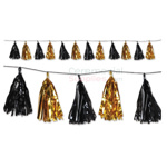Picture of black and gold festive tasstel garland.