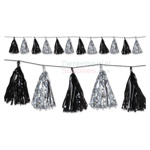 Image of a black and silver festive tassel garland.