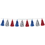 Image of blue, silver, and red festive tassel garland.