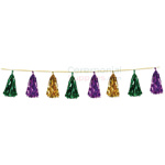 Picture of a green, purple, and gold festive tassel garland.