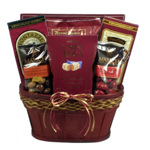 View of the burgandy version of the Taste of Elegance Gift Basket.