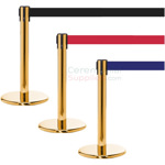 Photo of the luxury brass mini stanchions with black, red, and blue retractable belt.