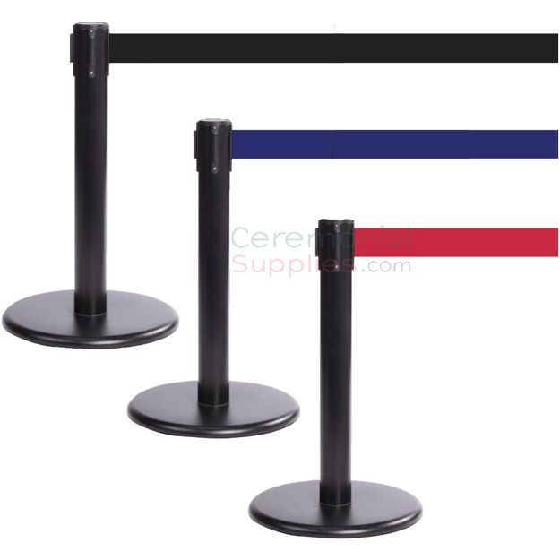 Photo of the Black Mini Stanchions With the Red, blue, and black retractable belt.