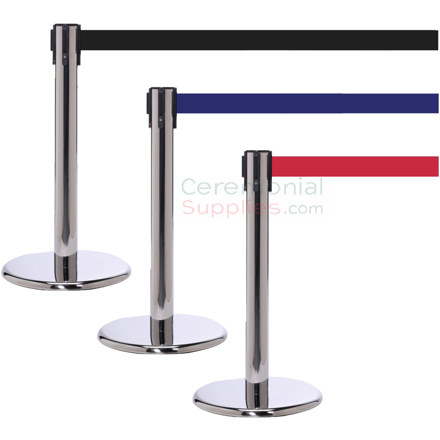 Photo of the luxury chrome mini stanchions with the blue, black, and red retractable belts.