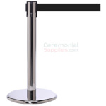 Photo of the luxury chrome mini stanchions with the black retractable belt.