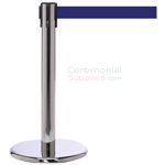 Photo of the luxury chrome mini stanchions with the blue retractable belt.