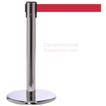 Photo of the luxury chrome mini stanchions with the red retractable belt.