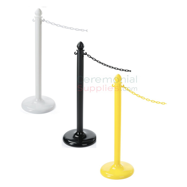 Photo of the white, black, and yellow economy weatherproof plastic stanchions.
