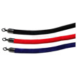 6.5 Ft Velvet Stanchion Rope with Black Metal Hooks Photo of the red, blue, and black velvet stanchion rope with black metal hooks.
