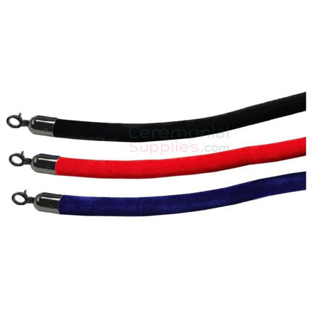 Photo of the red, blue, and black velvet stanchion rope with black metal hooks.