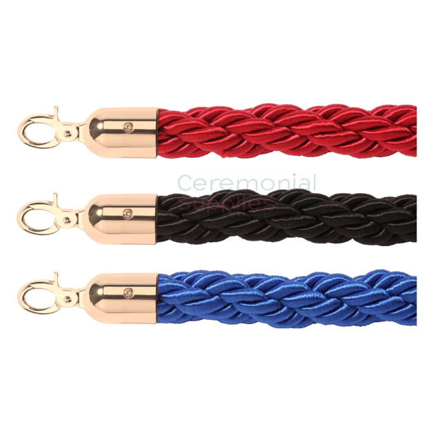 Picture of Braided Stanchion Rope in Multiple Colors with Golden Brass Hooks.