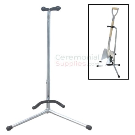 Deluxe Ceremonial Groundbreaking Shovel Display Stand Picture of Chrome Display Stand for Ceremonial Groundbreaking Shovels.